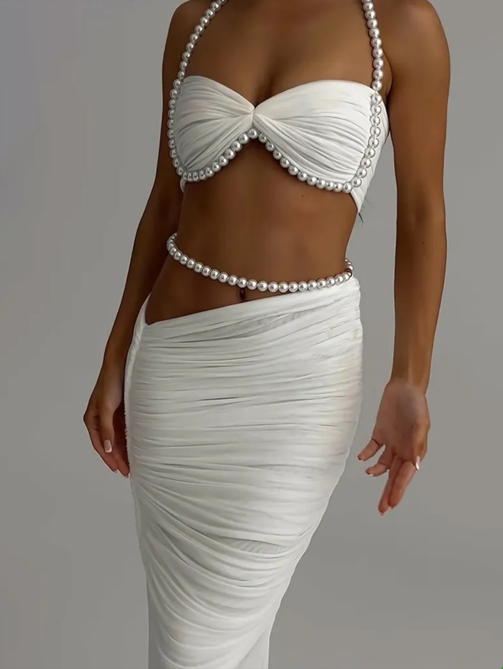 Pearl-Trim White Two-Piece Ruched Set